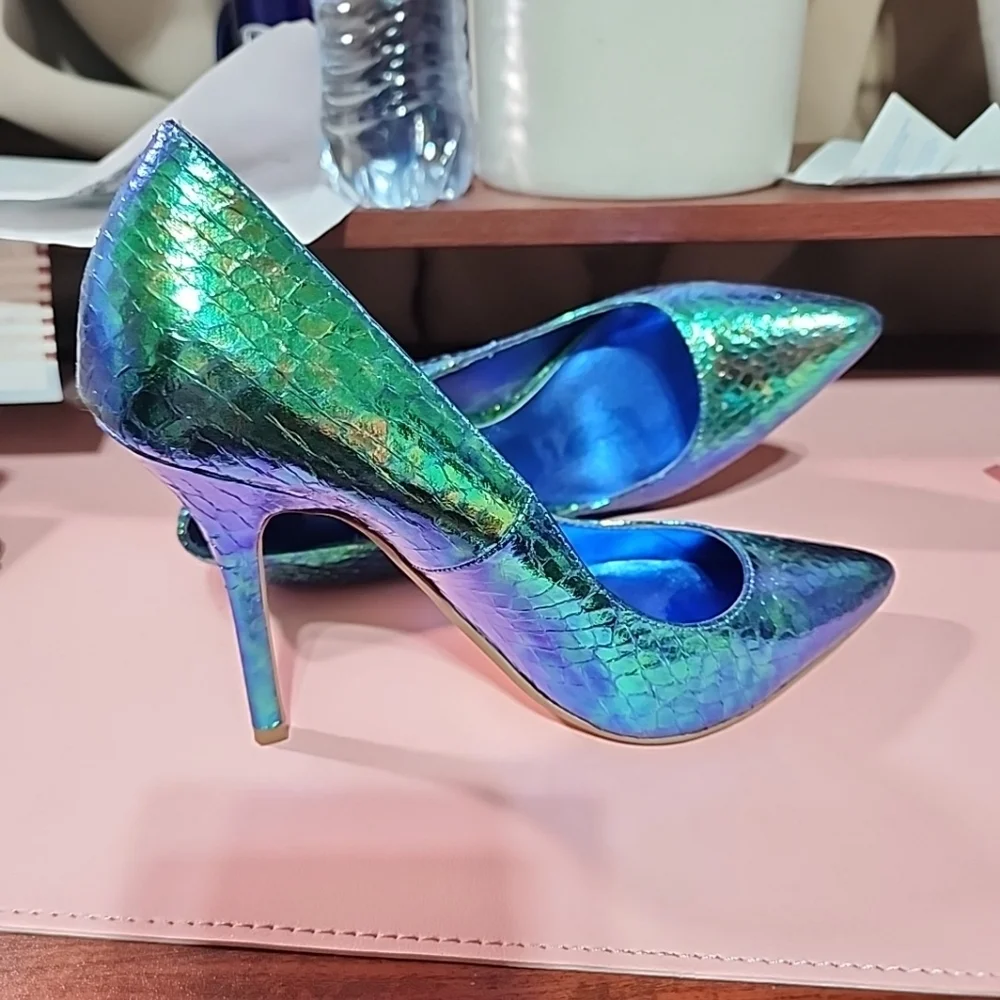 Dune London Iridescent Green Blue Snake Print Heels – Size 38 (US 7.5)